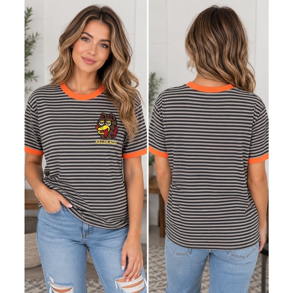 Killer Acid Striped Ringer T-Shirt Size S Embroidered Wolf Patch Black Orange